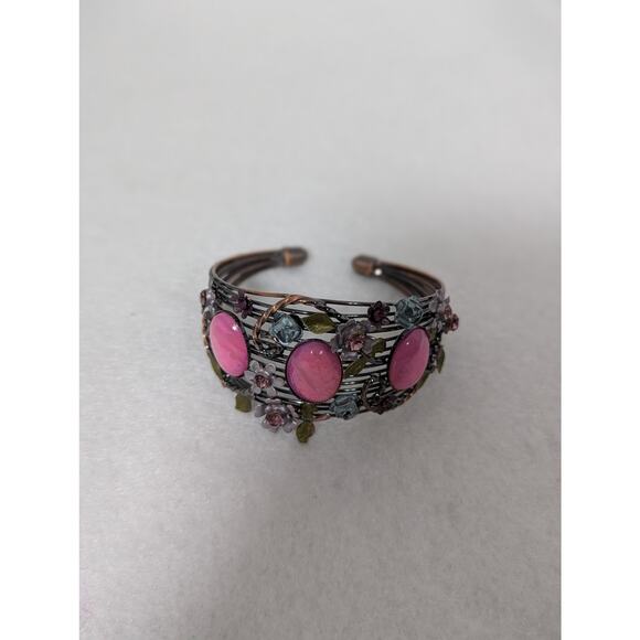 Cuff bracelet S/M pink cabochons Ename,l rhinestones see photos for measurements - Picture 7 of 13